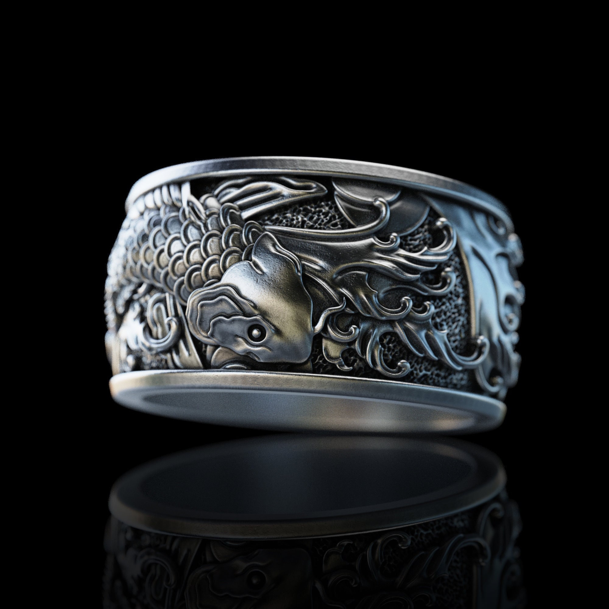 Japanese Koi Fish and Waves Silver Ring Handmade Japan Ornament