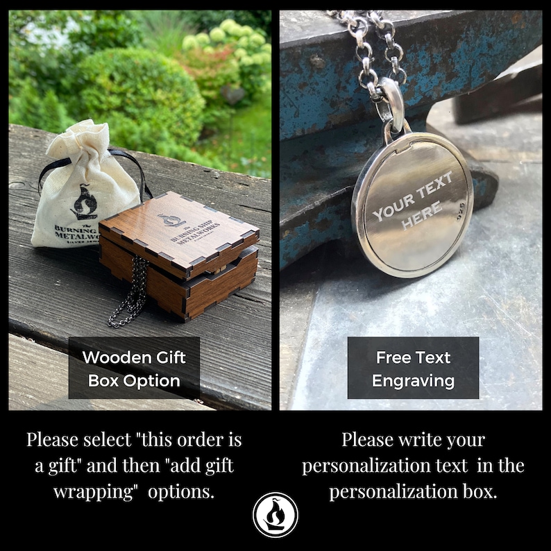 May include: A silver pendant necklace with a round disc charm that can be engraved with custom text. The pendant is displayed on a blue metal surface. The image also shows a wooden gift box with a small white bag. The text "Your Text Here" is engraved on the pendant.