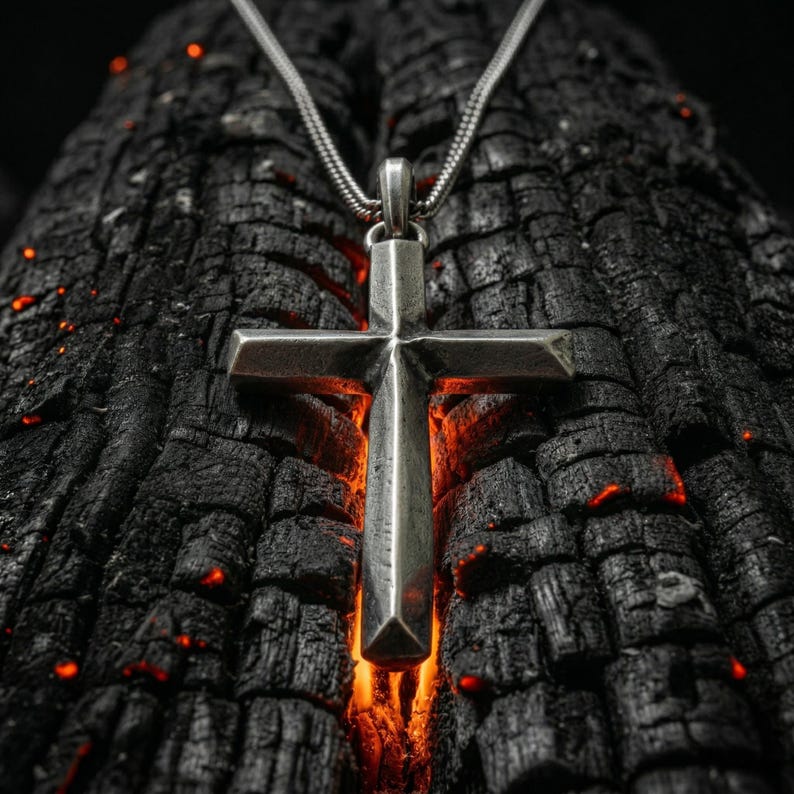 Puede incluir: Un colgante de cruz plateada cuelga de una fina cadena. La cruz se encuentra sobre un fondo de madera carbonizada, con brasas brillantes que a&ntilde;aden un c&aacute;lido contraste al metal fr&iacute;o. La imagen resalta la forma y la textura de la cruz.
