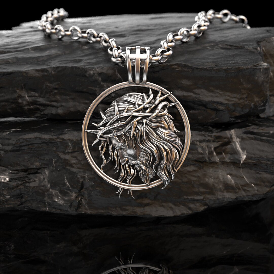 Silver Jesus Christ Necklace, Jesus Head Necklace, Religious Silver