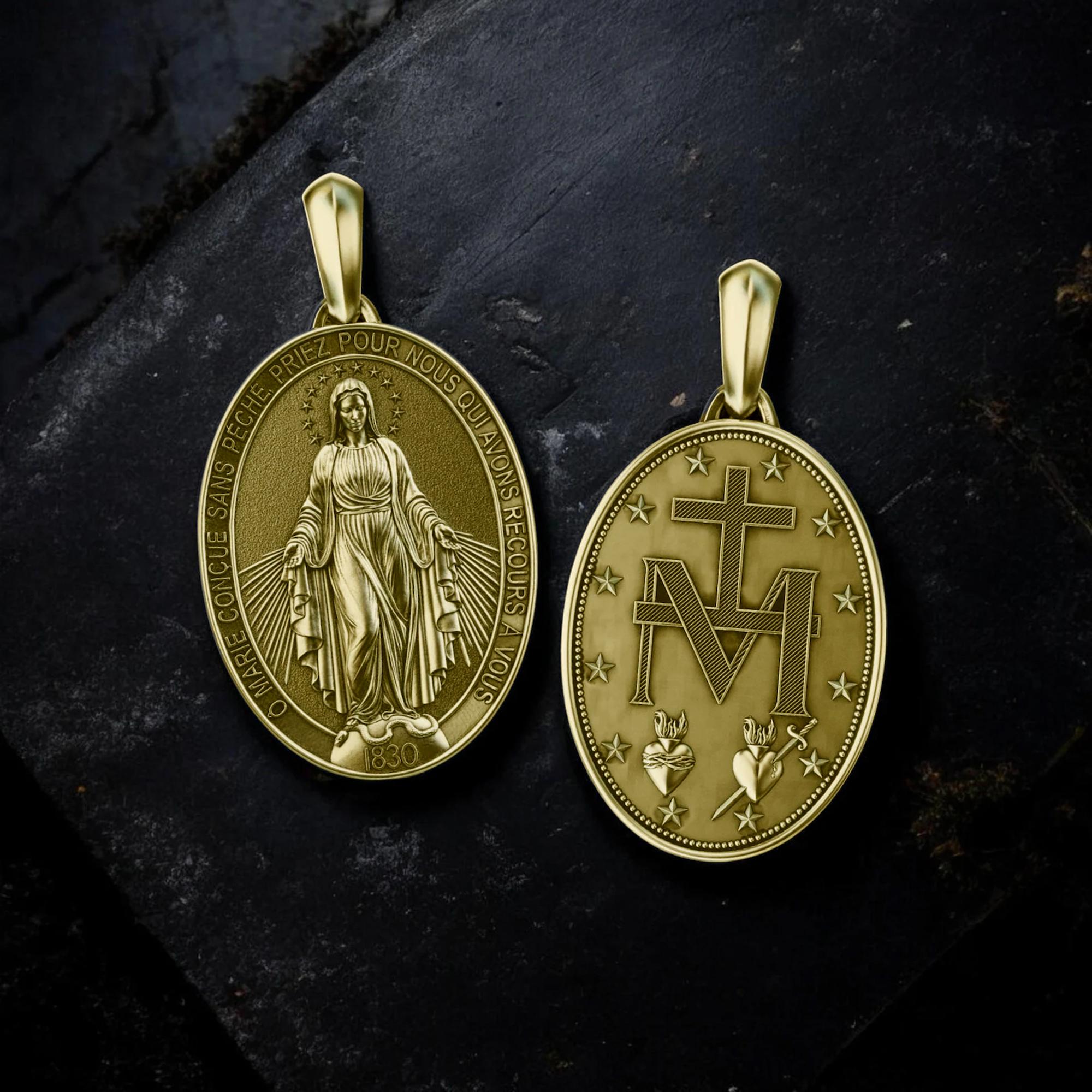 Handmade Gold the Miraculous Medal, Gold Holy Mother Pendant