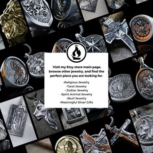 May include: A collage of silver and gold pendants featuring various designs, including a lion, a skull, a compass, a cross, a wolf, a bird, and a religious figure. The text "Visit my Etsy store main page, browse other jewelry, and find the perfect piece you are looking for." is displayed in the center of the image. The text "Religious Jewelry, Tarot Jewelry, Zodiac Jewelry, Spirit Animal Jewelry, Skull Jewelry, Meaningful Silver Gifts" is listed below the main text.