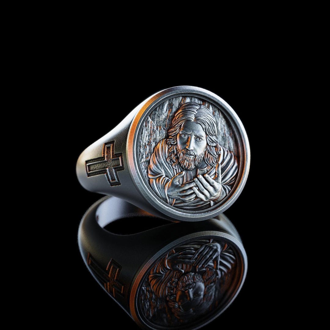 Personalized Silver Jesus Christ Ring, 3D Jesus Mens Ring, Messiah