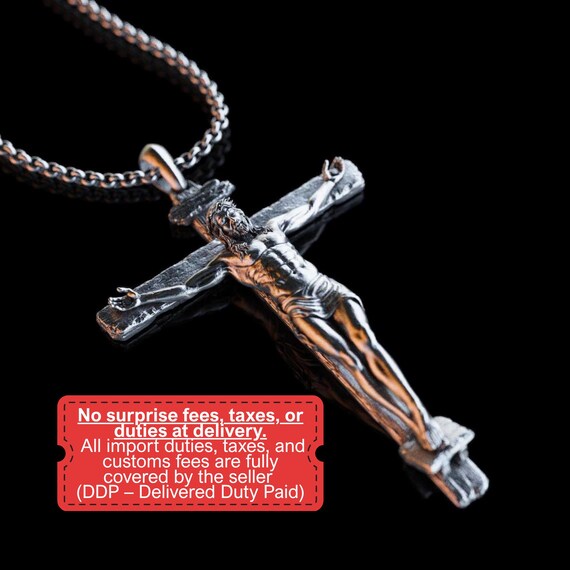 Handmade Silver Jesus Crucifix Necklace,3D Jesus Relief Cross Savior Pendant,Engraved Jesus Religious Charm,Silver Man Necklace,Gift For Men