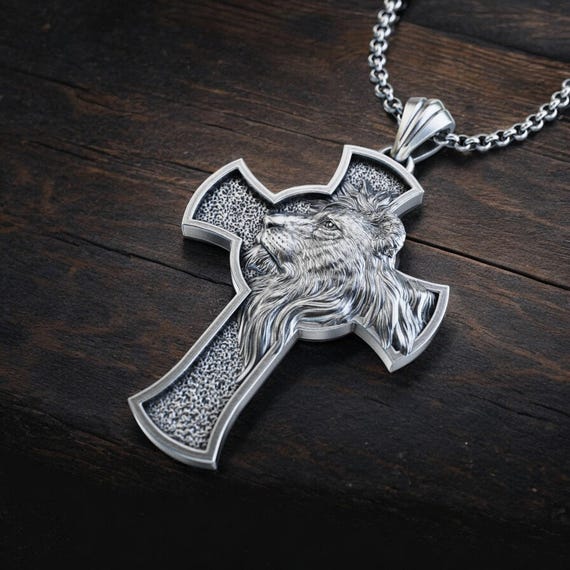 Personalized Silver Lion Cross Pendant, African Lion Cross