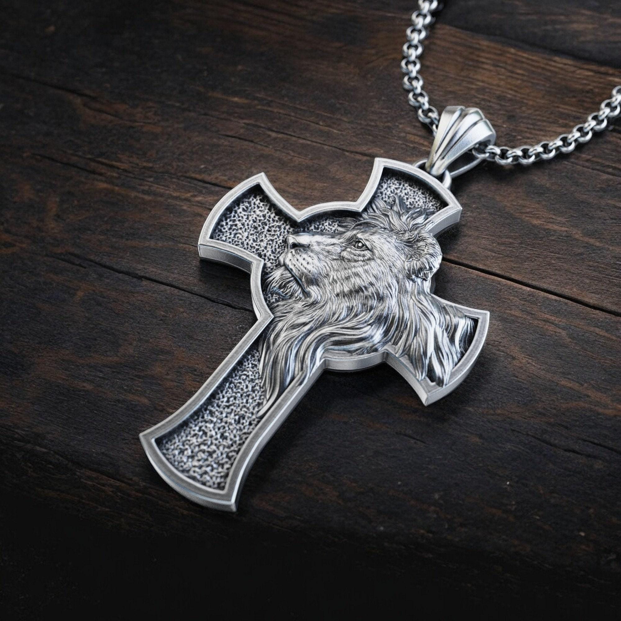 Personalized Silver Lion Cross Pendant, African Lion Cross