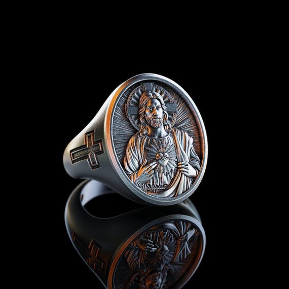 Silver Sacred Heart of Jesus Ring, Religious Christian Jewelry