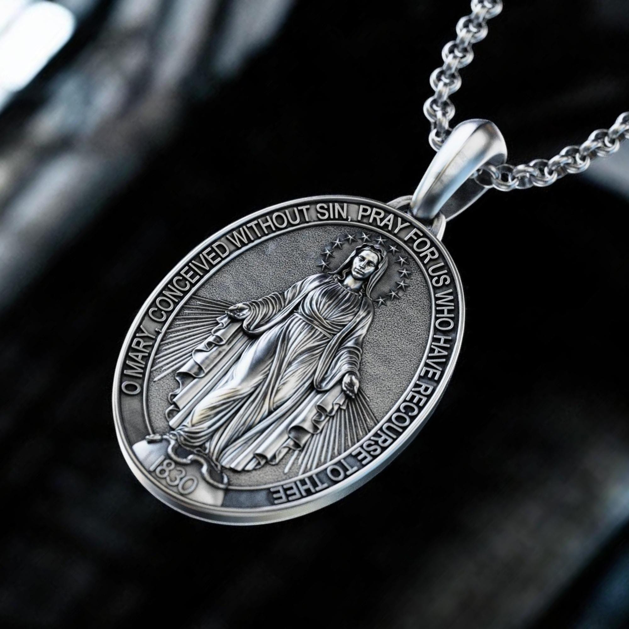 Handmade The Miraculous Medal Necklace, Personalized Silver Our Lady of Graces Pendant, Virgin Mary Pendant, Religious Christian Silver Gift