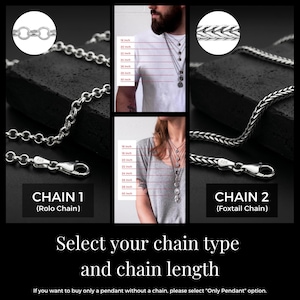 Puede incluir: Imagen que muestra dos estilos de cadenas de plata: una cadena Rolo y una cadena Foxtail. La imagen incluye texto que indica longitudes de cadena de 45.7 cm a 76.2 cm. El texto indica que seleccione el tipo y la longitud de la cadena.