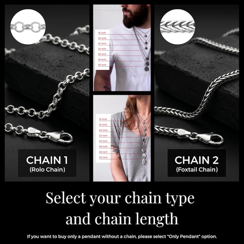 Puede incluir: Imagen que muestra dos estilos de cadenas de plata: una cadena Rolo y una cadena Foxtail. La imagen incluye texto que indica longitudes de cadena de 45.7 cm a 76.2 cm. El texto indica que seleccione el tipo y la longitud de la cadena.