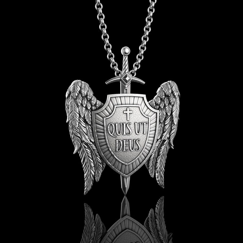 Silver Archangel Necklace, St Michael Shield Men Pendant, Wings Pendant, Archangel Micheal Necklace, Christian Gift for Men image 7