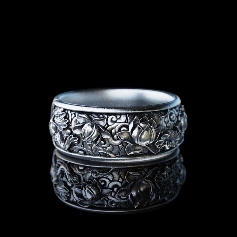 Japanese Lotus Flower Kanji Band Ring Silver Japanese Etsy