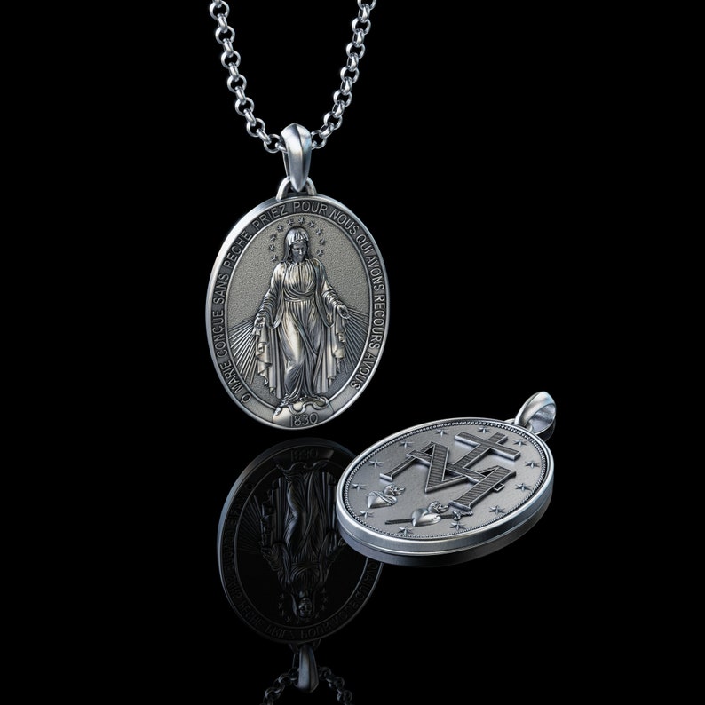 Handmade The Miraculous Medal Necklace, Personalized Silver Our Lady of Graces Pendant, Virgin Mary Pendant, Religious Christian Silver Gift image 5