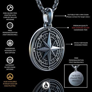 Handmade Silver Compass Necklace, Personalized North Star Pendant, Polaris Star Necklace, Gift for Sailors, Christmas Gifts image 2