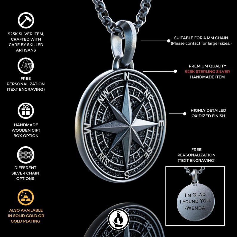 Handmade Silver Compass Necklace, Personalized North Star Pendant, Polaris Star Necklace, Gift for Sailors, Christmas Gifts image 2