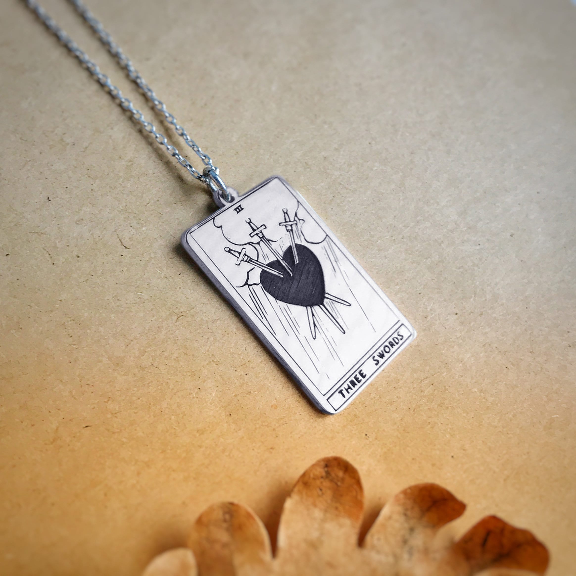 The Three of Swords Tarot Card Silver Necklace, Personalized