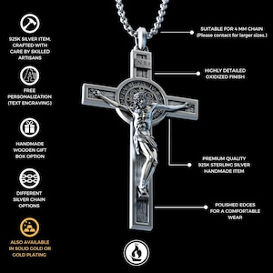 Personalisierte St. Benedikt Kruzifix Silber Halskette, handgefertigter St. Benedikt Exorzismus Kreuz Anhänger, St. Benedikt Medaille, religiöses Geschenk Bild 2