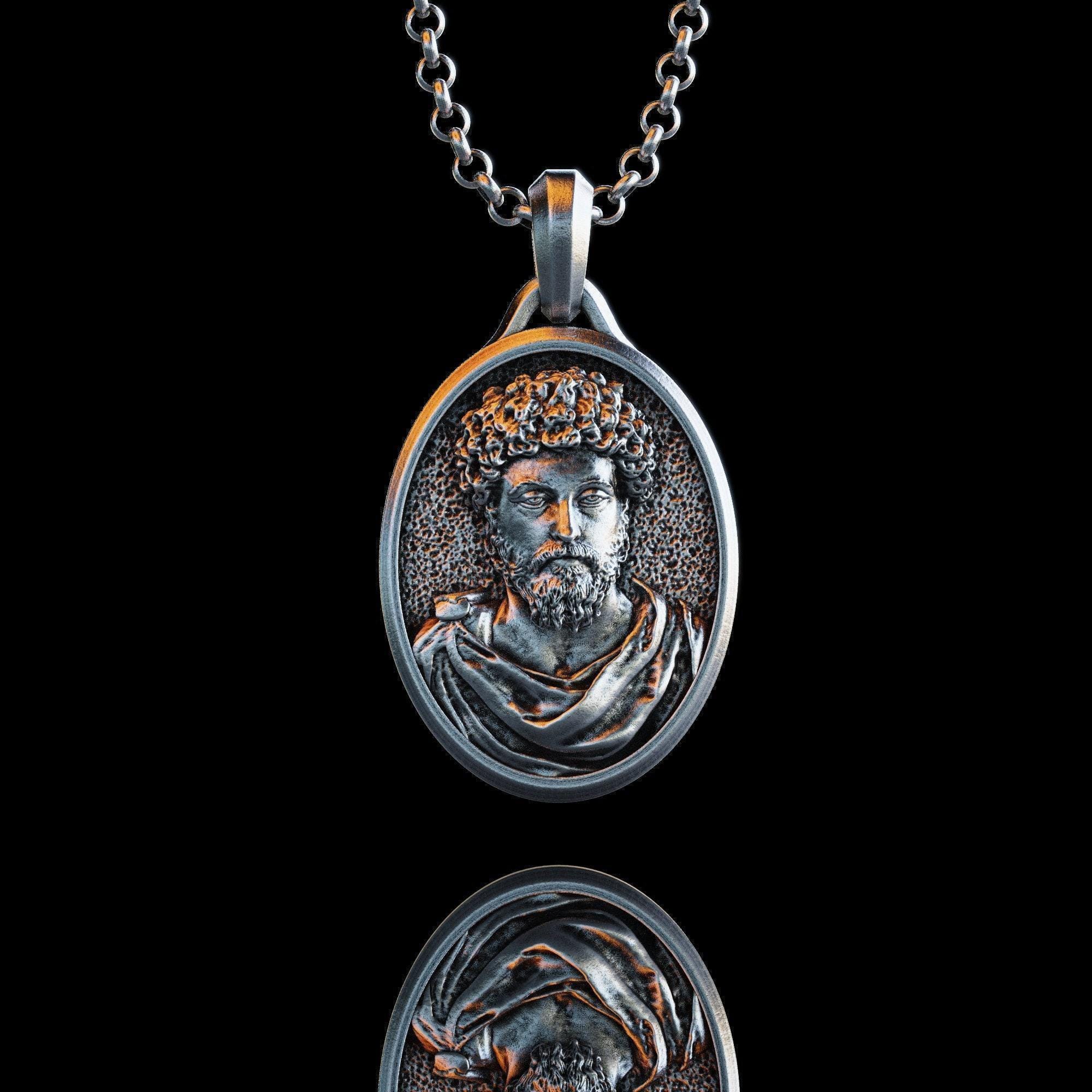Personalized Marcus Aurelius Bust Silver Necklace, Roman Emperor