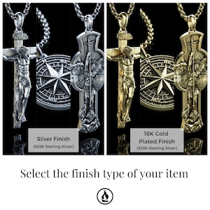 May include: A silver and gold plated pendant necklace featuring a detailed depiction of a crucifix with a compass and angel wings. The pendant is available in two finishes: silver and 18K gold plated. The text "Select the finish type of your item" is displayed below the image.