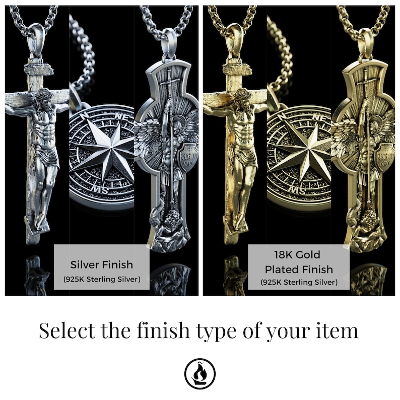 May include: A silver and gold plated pendant necklace featuring a detailed depiction of a crucifix with a compass and angel wings. The pendant is available in two finishes: silver and 18K gold plated. The text "Select the finish type of your item" is displayed below the image.
