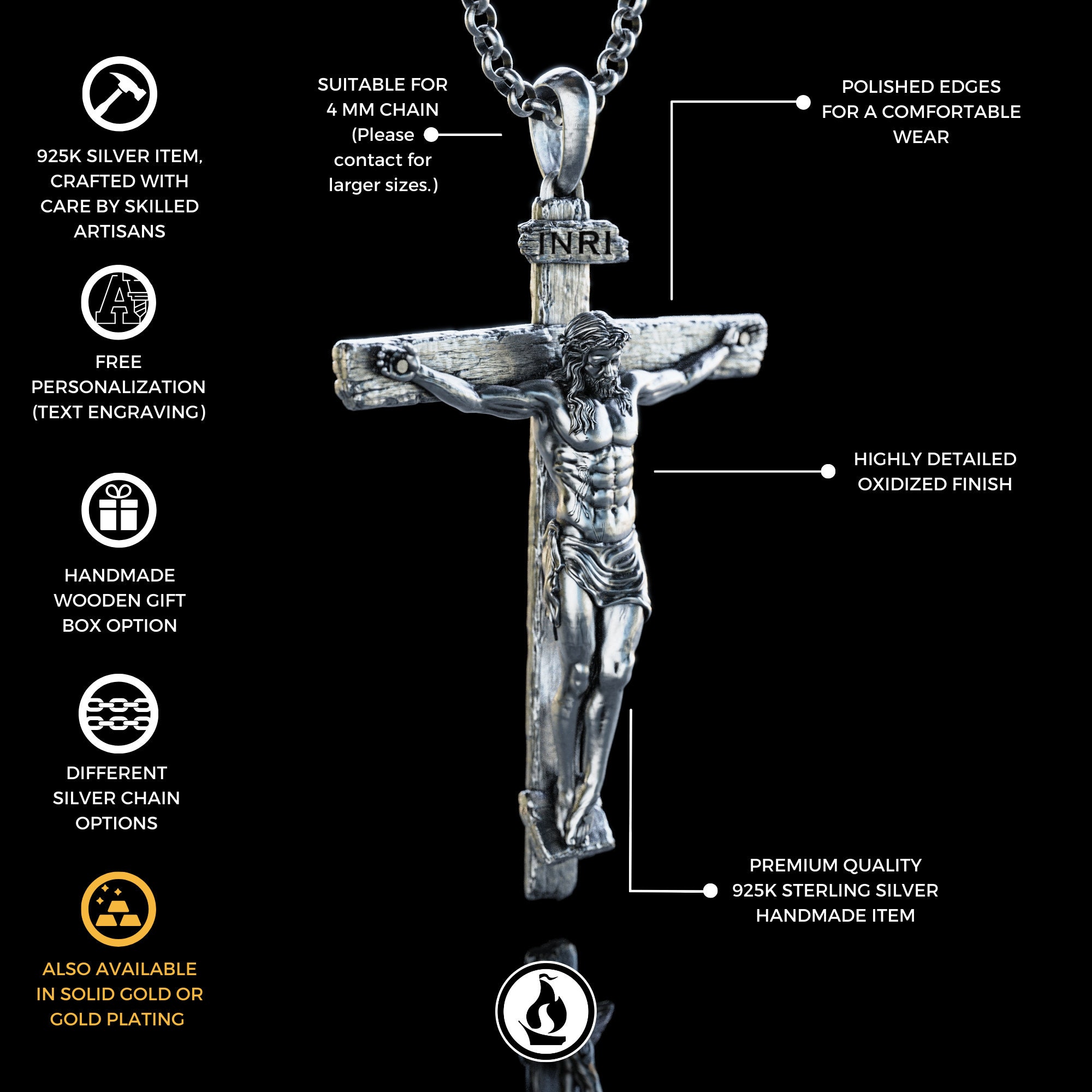 Handmade Silver Jesus Crucifix Necklace,3D Jesus Relief Cross Savior Pendant,Engraved Jesus Religious Charm,Silver Man Necklace,Gift For Men