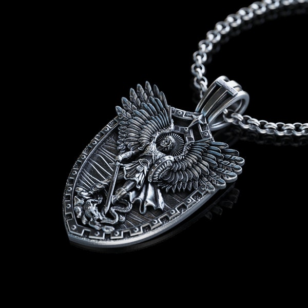 Handmade Archangel Saint Michael Necklace, Silver Shield Archangel Pendant, St. Michael Silver Mens Pendant, Religious Gift for Men