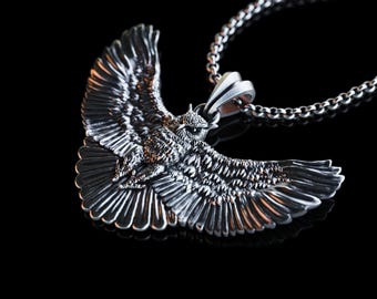 Handmade Silver Owl Necklace, Winged Owl Silver Pendant, 3D Relief Owl Sterling Silver Charm, Wild Animal Jewellery, Engraved Owl Men Gift