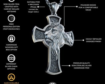 Personalized Silver Lion Cross Pendant, African Lion Cross