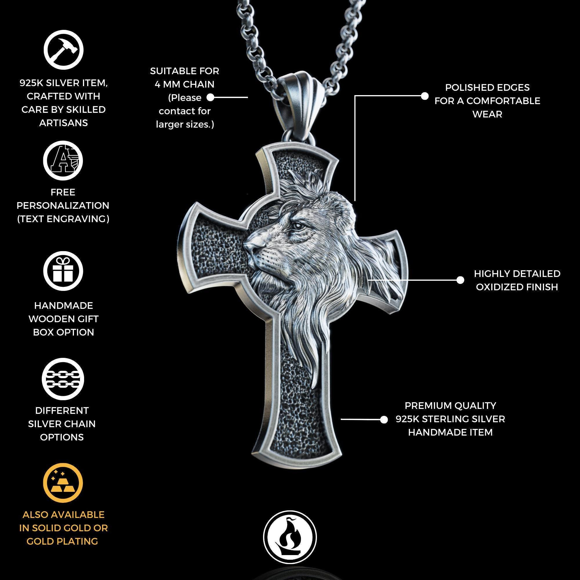 Personalized Silver Lion Cross Pendant, African Lion Cross