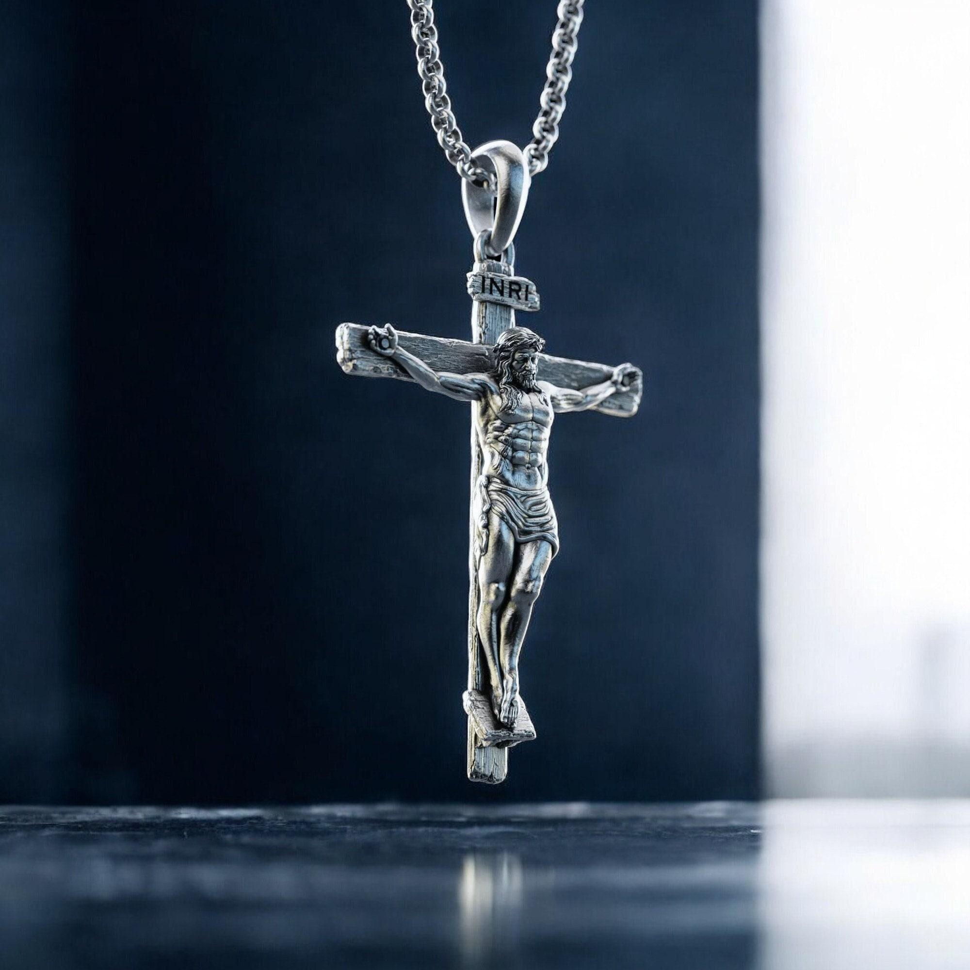 Collana con croce in argento ossidato, ciondolo a croce moderno, croce