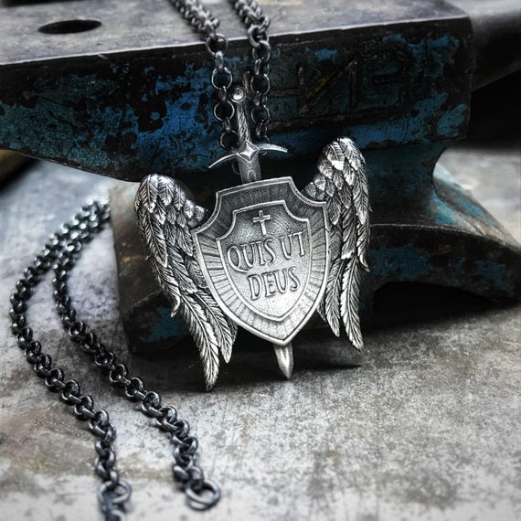 Silver Archangel Necklace, St Michael Shield Men Pendant, Wings Pendant, Archangel Micheal Necklace, Christian Gift for Men