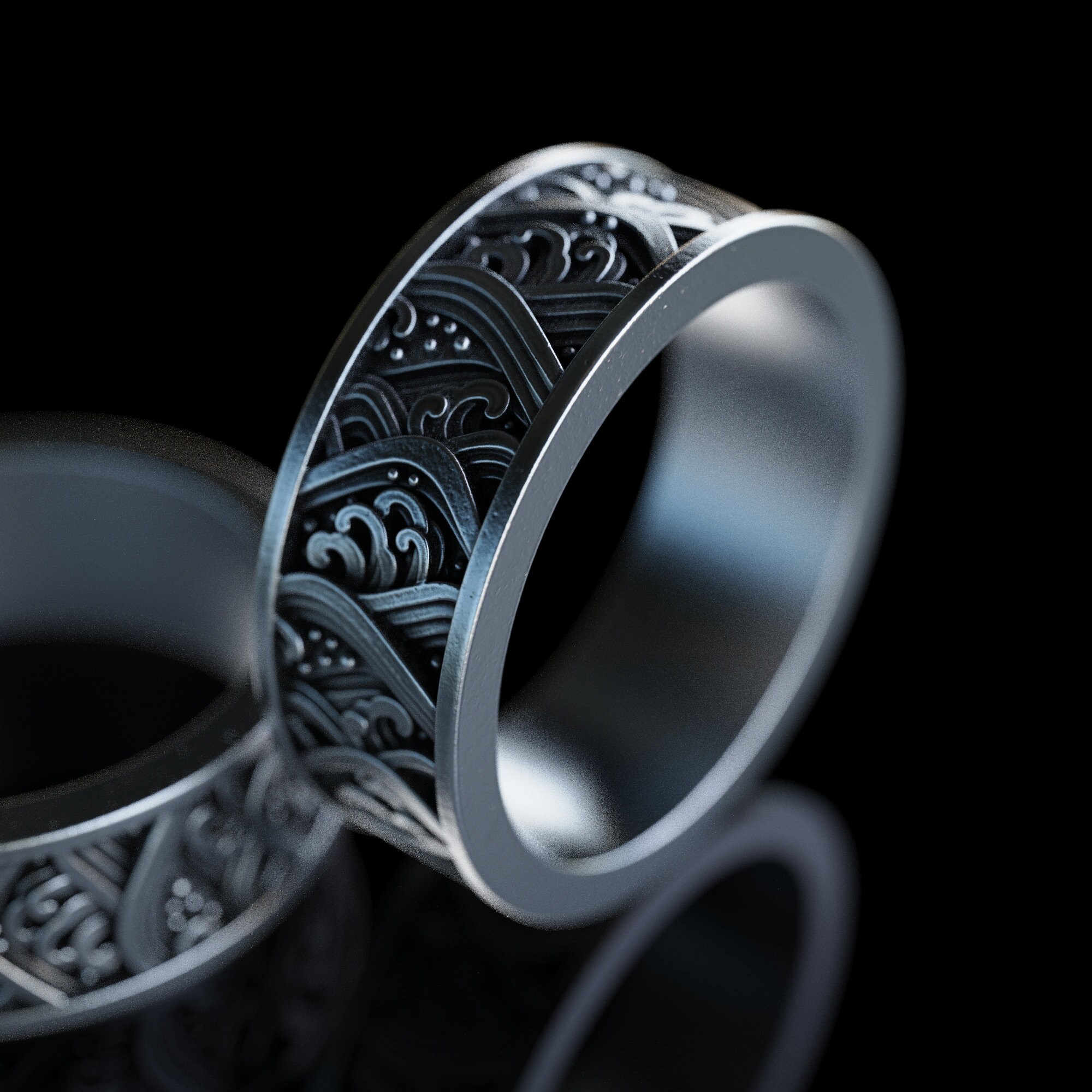 Square Japanese Rings Handmade the Great Wave of Kanagawa Silver Ring, Japanese Style Ring ...