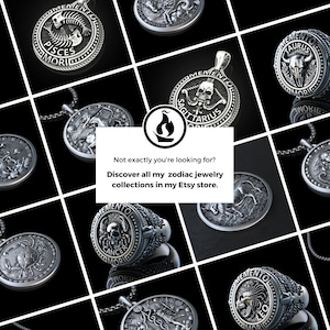 May include: A collection of silver zodiac pendants and rings. Each pendant features a different zodiac sign with intricate details. The text "Memento Mori" is engraved on each piece.