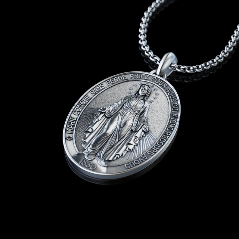 Handmade The Miraculous Medal Necklace, Personalized Silver Our Lady of Graces Pendant, Virgin Mary Pendant, Religious Christian Silver Gift image 1