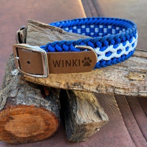 Personalized Engraved Dog Collar, Paracord Adventure Collar & Leash Set – Nordic Blue and White