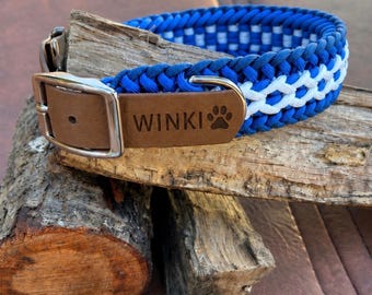 Personalized Engraved Dog Collar, Paracord Adventure Collar & Leash Set – Nordic Blue and White