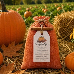 May include: An orange burlap drawstring bag tied with twine and a cinnamon stick. A white tag features a pumpkin illustration and the text: Pumpkin Spice, Makes Everything Smell Nice!, SIMMER POT BLEND, Dried Orange Slices, Cloves, Cranberries, Star Anise, Cinnamon Sticks, Nutmeg, Pumpkin Seeds, Pumpkin Pie Spice, Vanilla Bean.