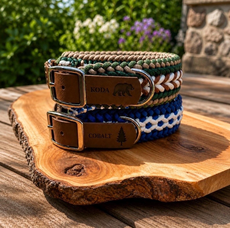 May include: Two braided dog collars. The top collar is brown, green, and white. The bottom collar is blue and white. Both collars have brown leather nameplates with silver buckles. The top collar says "KODA" with a bear graphic. The bottom collar says "COBALT" with a tree graphic.