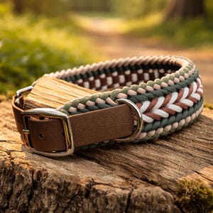 May include: A handcrafted dog collar with a brown leather strap and a silver-colored buckle. The collar features a woven design in shades of green, brown, and cream. The collar is resting on a wooden surface, with a blurred natural background.