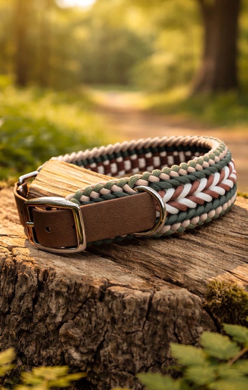 May include: A handcrafted dog collar with a brown leather strap and a silver-colored buckle. The collar features a woven design in shades of green, brown, and cream. The collar is resting on a wooden surface, with a blurred natural background.
