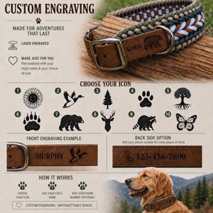 May include: Custom engraved dog collar with a brown leather buckle and a braided rope design in green, white, and brown. The collar features laser engraving options for the dog's name and icon, with a back side option for a phone number.