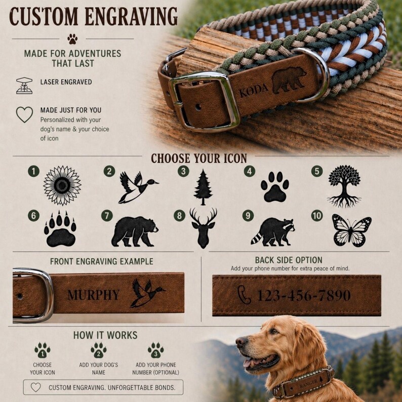 May include: Custom engraved dog collar with a brown leather buckle and a braided rope design in green, white, and brown. The collar features laser engraving options for the dog's name and icon, with a back side option for a phone number.