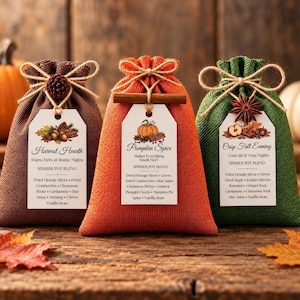 May include: Three burlap simmer pot blend bags in brown, orange, and green. Each bag is tied with twine and features a white tag with text and botanical illustrations. The brown bag has a pinecone, the orange has a cinnamon stick, and the green has a star anise.