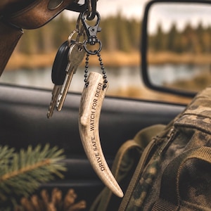 Personalized Deer Shed Antler Keychain, rear view mirror charm- Custom Engraved Rustic Woodland Accessory