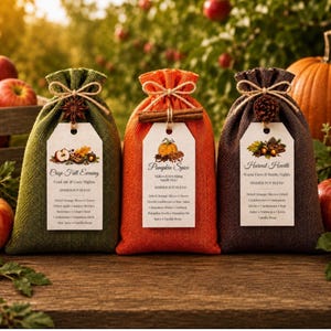 May include: Three fabric simmer pot blend bags in olive green, bright orange, and dark brown. Each bag is tied with twine and features a decorative tag with text, including Crisp Fall Evening, Pumpkin Spice, and Harvest Hearth, plus ingredient lists.