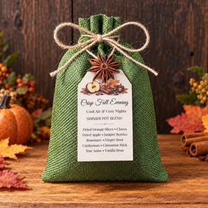 May include: A green burlap drawstring pouch tied with twine and topped with a star anise. A white tag features the text Crisp Fall Evening, Cool Air & Cozy Nights, SIMMER POT BLEND, and a list of ingredients including dried orange, apple, and spices.