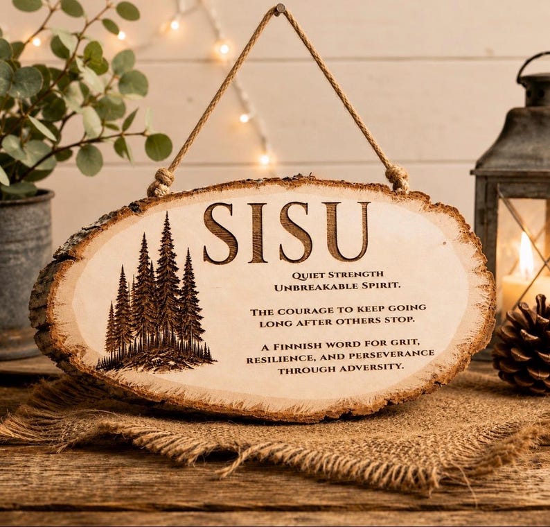 May include: An oval wood slice sign with natural bark edges, featuring a laser-engraved pine tree forest graphic and the text: SISU, QUIET STRENGTH UNBREAKABLE SPIRIT. THE COURAGE TO KEEP GOING LONG AFTER OTHERS STOP. A FINNISH WORD FOR GRIT, RESILIENCE, AND PERSEVERANCE THROUGH ADVERSITY. It includes a jute rope hanger.
