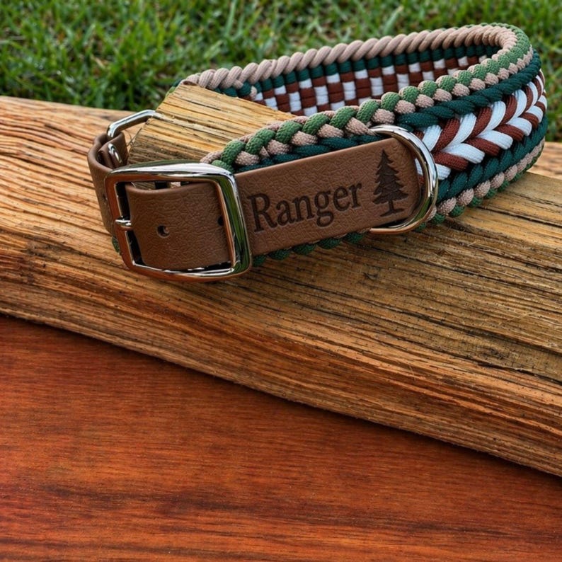 May include: A dog collar with a brown leather buckle and a woven design in green, white, brown, and tan. The leather tag is engraved with the word "Ranger" and a tree graphic. The collar is resting on a piece of wood.