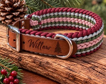 Personalized Paracord Dog Collar, Engraved Leather, Nordic Lingonberry Design