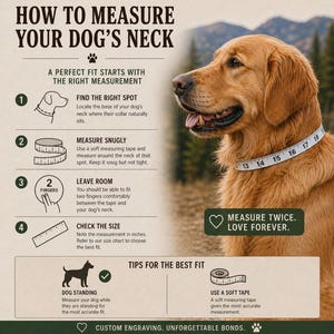 May include: An instructional graphic on how to measure a dog's neck for a collar. The image includes a golden retriever wearing a measuring tape, with text instructions and illustrations. The text reads "Measure Twice. Love Forever."